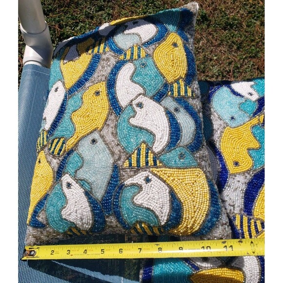 Lot Of 2: Pier 1 Handmade Fish Beaded Decorative Pillows Teal Blue Life Aquatic - Picture 13 of 16